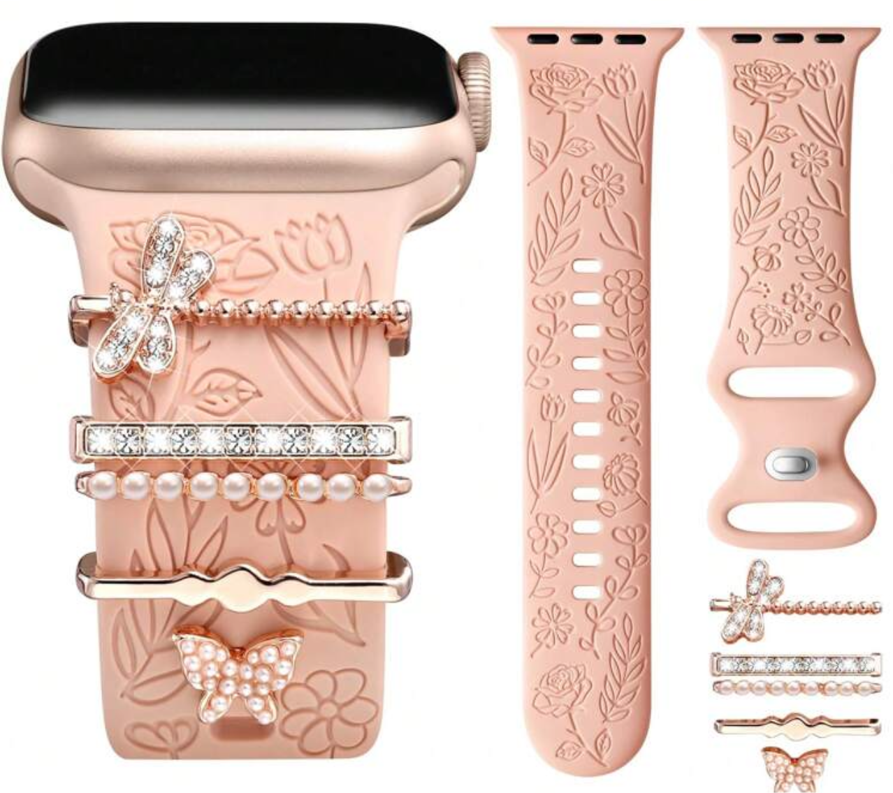 Flower Engraved Apple Watch Band w/Charms - Fits 38/40/41/42