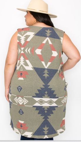 Aztec Print Long Vest - Plus