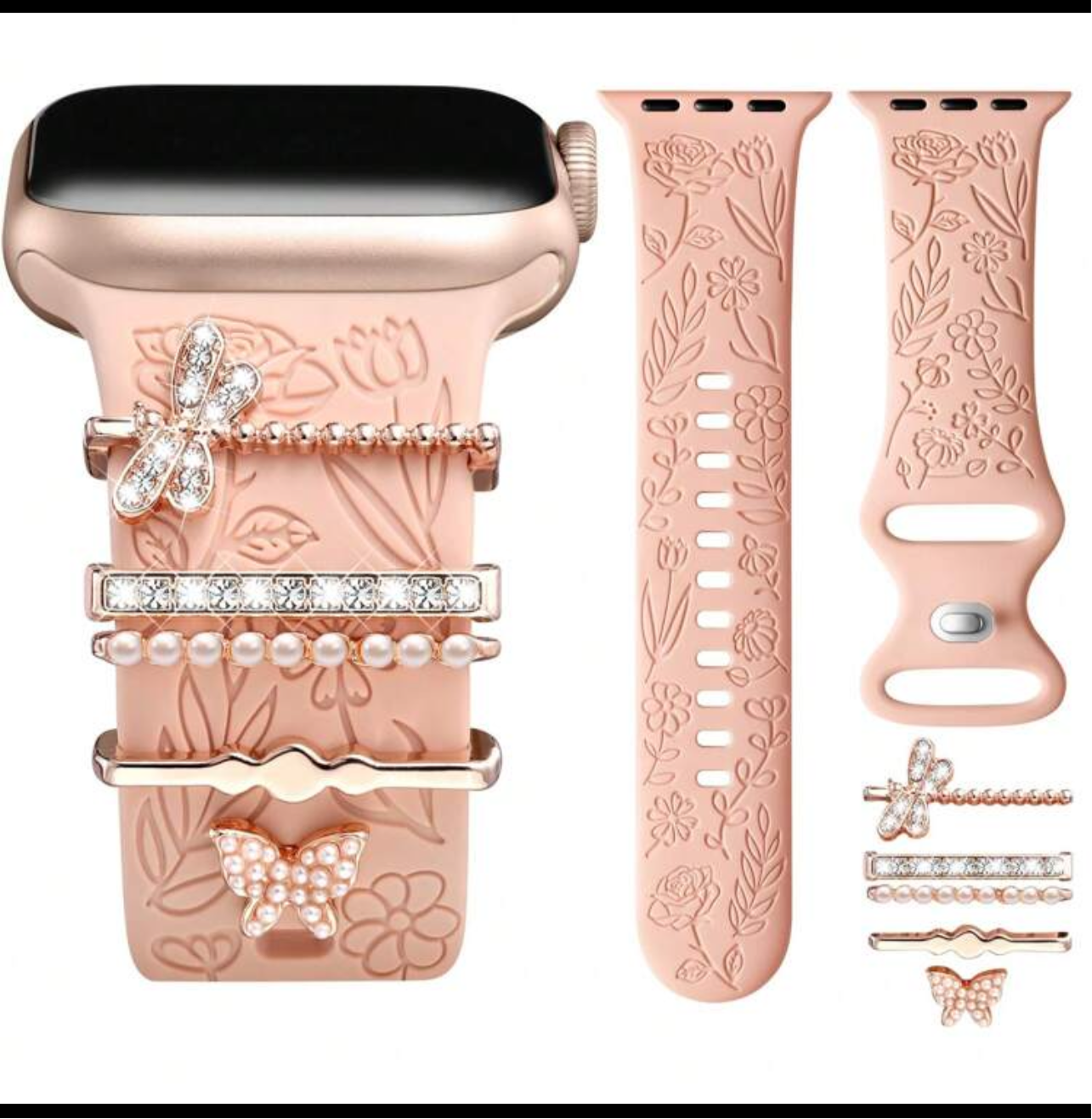Flower Engraved w/Charms Apple Watch Band - Fits 42/44/45/46/49