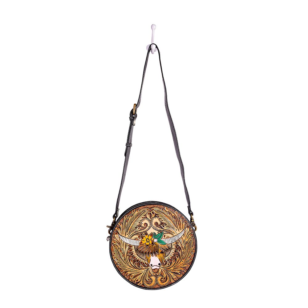 MYRA BLOOMIN' STEER HAND-TOOLED ROUND BAG