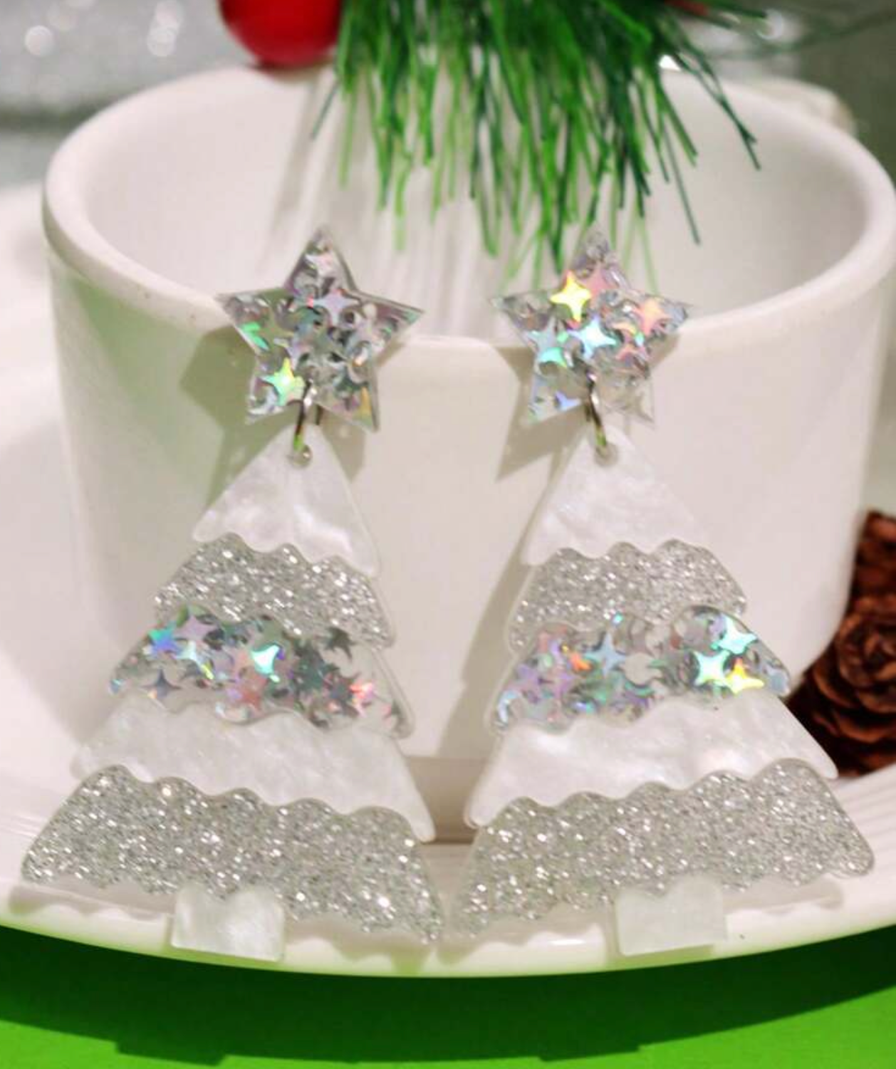 Ice and Snow Christmas Tree Earrings