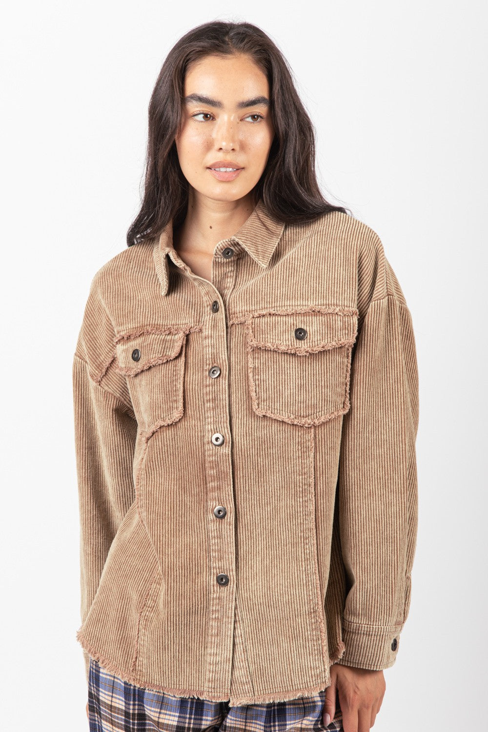 Washed and Frayed Corduroy Shacket- Plus