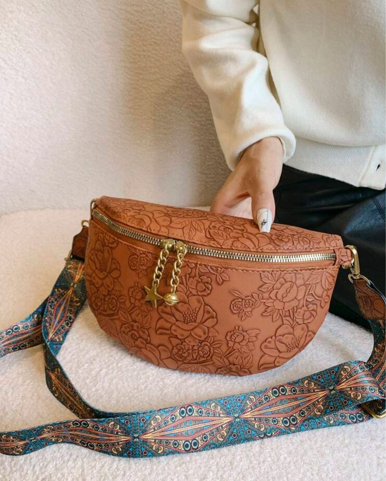 Floral Embossed Leather Crossbody