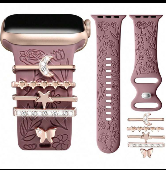 Flower Engraved Apple Watch Band w/Charms - Fits 38/40/41/42