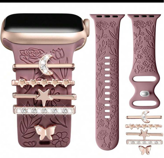 Flower Engraved w/Charms Apple Watch Band - Fits 42/44/45/46/49