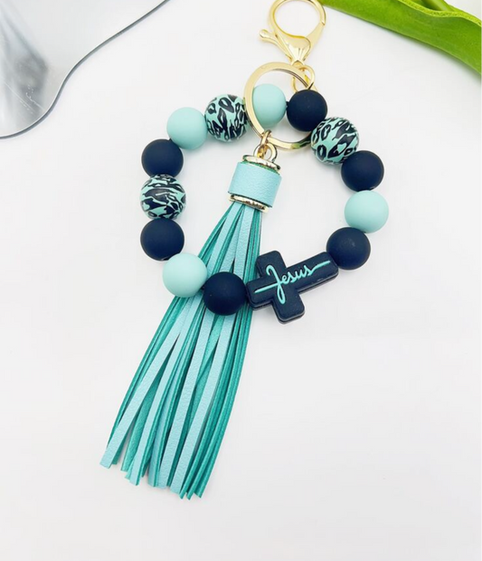 Wristlet and Tassle Jesus Keychain