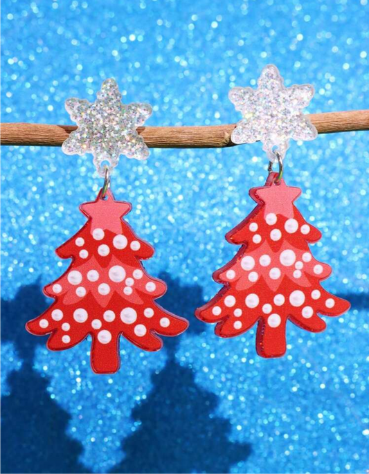 Silver & Red Christmas Tree Earrings