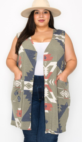 Aztec Print Long Vest - Plus