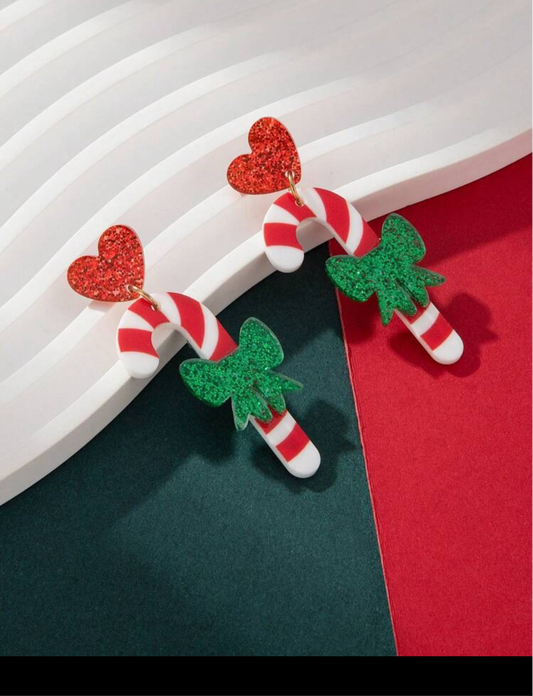 Candy Cane w/Green Bow Earrings