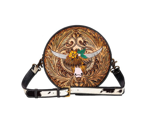 MYRA BLOOMIN' STEER HAND-TOOLED ROUND BAG