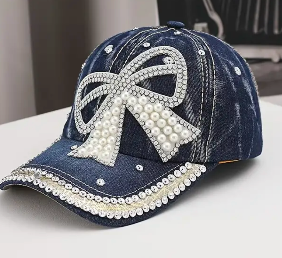 Denim Rhinestone and Pearls Ball Cap