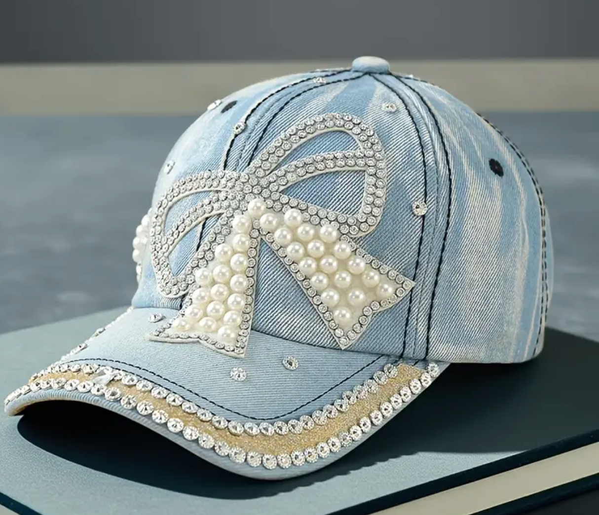 Denim Rhinestone and Pearls Ball Cap