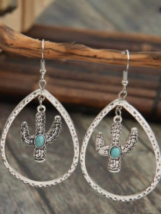 Silver Cactus Tear Drop Earrings